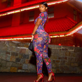 Women summer Women sexy Backless print See-Through Mesh Jumpsuit