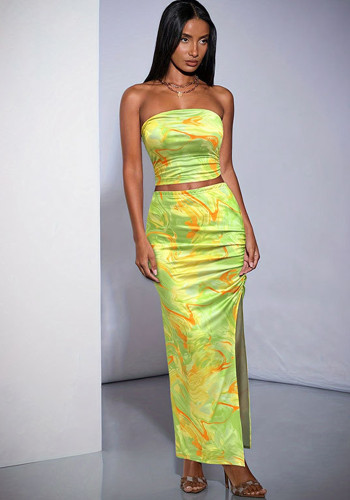 Women tie-dye Strapless Top and slit Bodycon skirt two-piece set