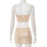Women Summer Sexy Sequin Suspender Top and Skirt Two-piece Set