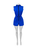 Women Casual Zipper Sleeveless Drawstring Pocket Jumpsuit