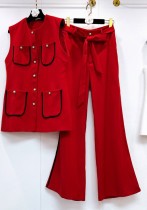 Women French contrast color pocket sleeveless vest Top and belt trousers two-piece set