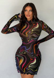 Women See-Through Printed Long Sleeve Dress