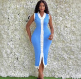Women contrast Ribbed Single-breasted v-neck sleeveless knitting dress