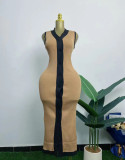 Women contrast Ribbed Single-breasted v-neck sleeveless knitting dress