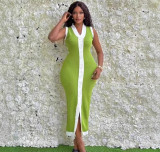 Women contrast Ribbed Single-breasted v-neck sleeveless knitting dress