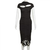 Women Slash Shoulder tassel hollow knitting solid irregular short-sleeved dress