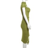 Women Slash Shoulder tassel hollow knitting solid irregular short-sleeved dress