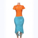 Women Slash Shoulder tassel hollow knitting solid irregular short-sleeved dress