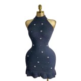 Women beaded Halter Neck sleeveless knitting dress