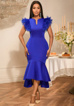 Women Sexy Lotus Leaf Pleated Short Sleeve Formal Party Bodycon Fishtail Dresses