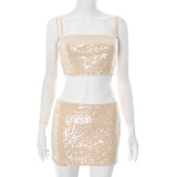 Women Summer Sexy Sequin Suspender Top and Skirt Two-piece Set