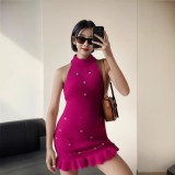 Women beaded Halter Neck sleeveless knitting dress