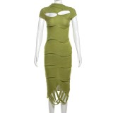 Women Slash Shoulder tassel hollow knitting solid irregular short-sleeved dress