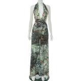 Women Halter Neck V Neck Backless slit abstract print Maxi Dress
