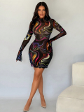 Women See-Through Printed Long Sleeve Dress