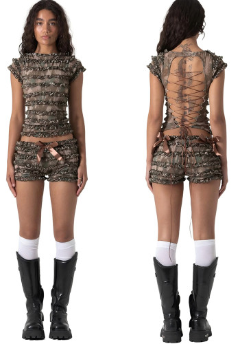 Women summer Ruffle Edge hollow Lace-Up camisole and lace lace puffy shorts two-piece set