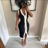 Women contrast Ribbed Single-breasted v-neck sleeveless knitting dress