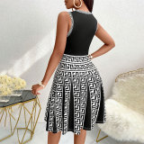 Women elegant knitting contrast print Round Neck sleeveless dress