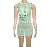 Women summer pile collar sexy Halter Neck V-neck Backless knitting dress