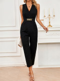 Women cross collar gold buckle chain Solid Career sleeveless casual jumpsuit
