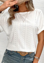 Solid Color Knit Embroidery Hollow Short-Sleeve Spring Summer Tops