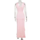 Women Spring Summer Sexy V-Neck Lotus Leaf Split Suspender Maxi Dress