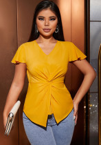 Casual Women's V-Neck Knot Slim Waist Flying Sleeve Solid Color Elegant T-Shirt
