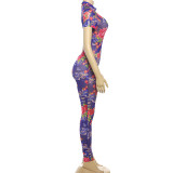 Women summer Women sexy Backless print See-Through Mesh Jumpsuit