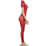 Women summer Women sexy Backless print See-Through Mesh Jumpsuit