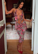 Spring Women's Sexy Mesh Halter Neck Tank top print tight fitting pants two piece set