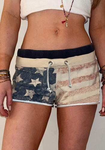 Street Trend U.S. Flag Print Contrast Low Waist Drawstring Three-point Casual Shorts