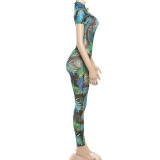 Women summer Women sexy Backless print See-Through Mesh Jumpsuit
