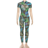 Women summer Women sexy Backless print See-Through Mesh Jumpsuit