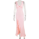 Women Spring Summer Sexy V-Neck Lotus Leaf Split Suspender Maxi Dress
