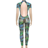Women summer Women sexy Backless print See-Through Mesh Jumpsuit
