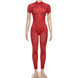 Women summer Women sexy Backless print See-Through Mesh Jumpsuit