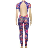 Women summer Women sexy Backless print See-Through Mesh Jumpsuit