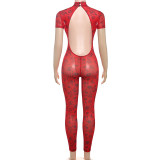 Women summer Women sexy Backless print See-Through Mesh Jumpsuit