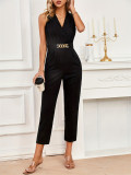 Women cross collar gold buckle chain Solid Career sleeveless casual jumpsuit