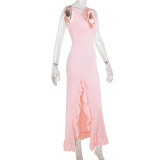 Women Spring Summer Sexy V-Neck Lotus Leaf Split Suspender Maxi Dress