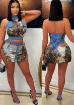 Women Elegant Sexy Print Metal Chain Slit Lace-Up Top and Skirt Two Piece Set