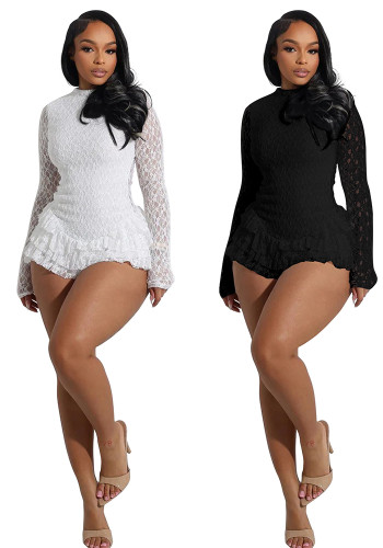 Women Sexy Lace Long Sleeve Ruffle Edge Backless Jumpsuit