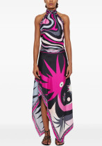 Women Printed Halter Neck Backless Top and Irregular Skirt Two Piece Set