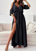 Summer plus size Women solid strap off shoulder sexy slit elegant dress
