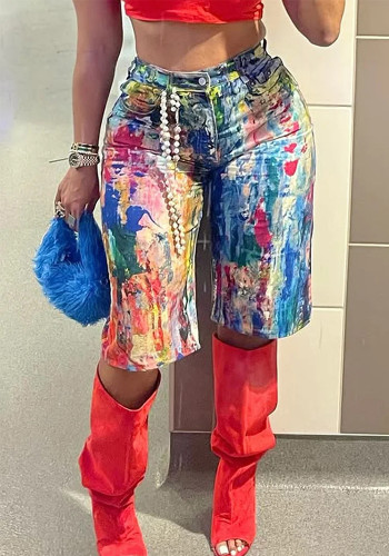 Women Summer Print Casual pocket denim shorts