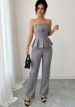 Women Elegant Strapless Top and Straight Pants Two Piece Set