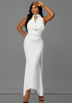 women's Chic draped collar hollow solid color long dress