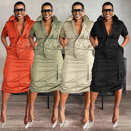 Women drawstring cargo dress