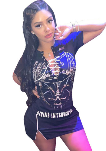 Women Sexy Short Sleeve Printed T-shirt Dress