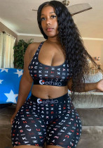 Women Spring and Summer Letter Print Top and Shorts Two-piece Set